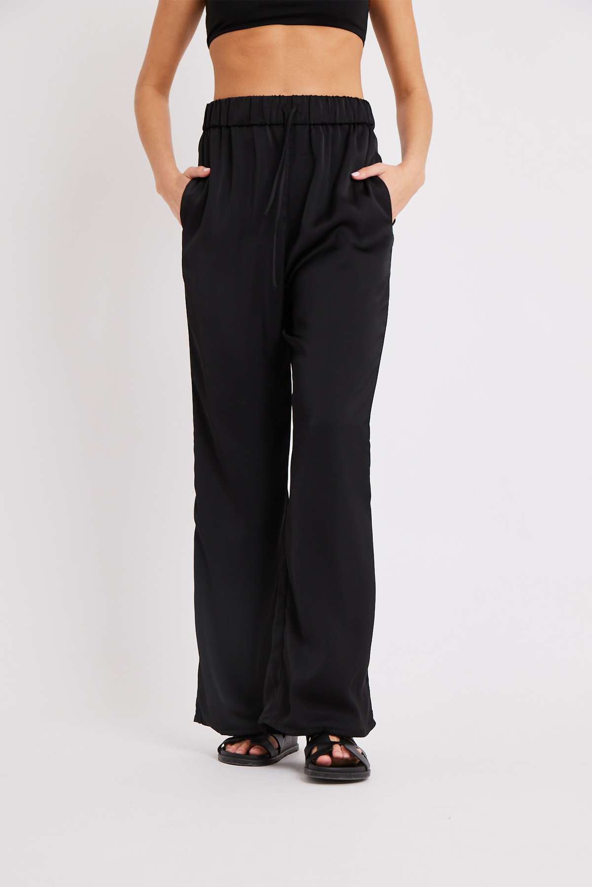 Relaxed Satin Drawstring Trousers - Black