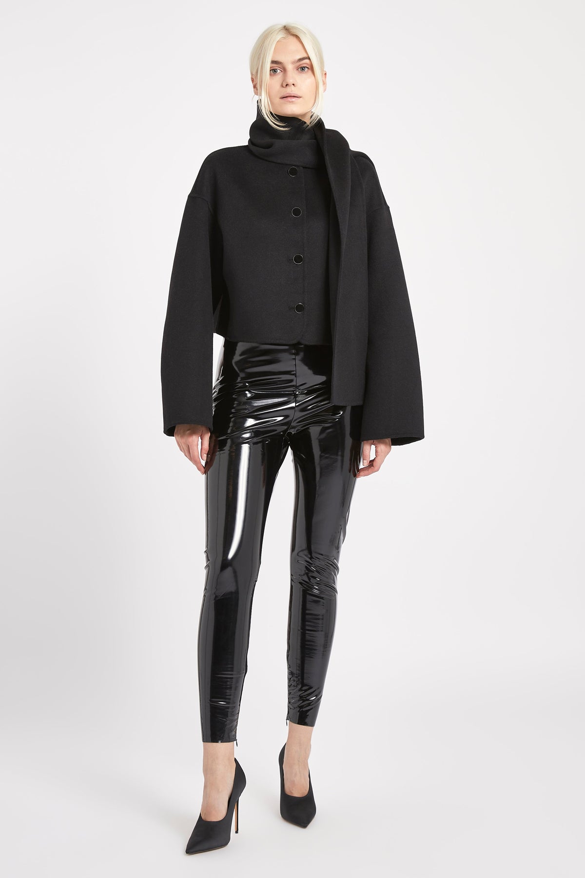Double Faced Wool Cropped Jacket With Scarf - Black