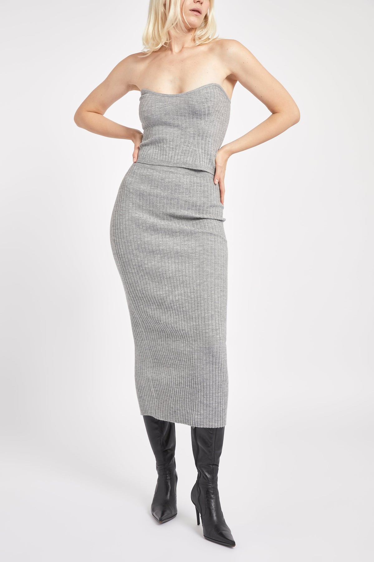Ribbed Knit Midi Skirt - Charcoal