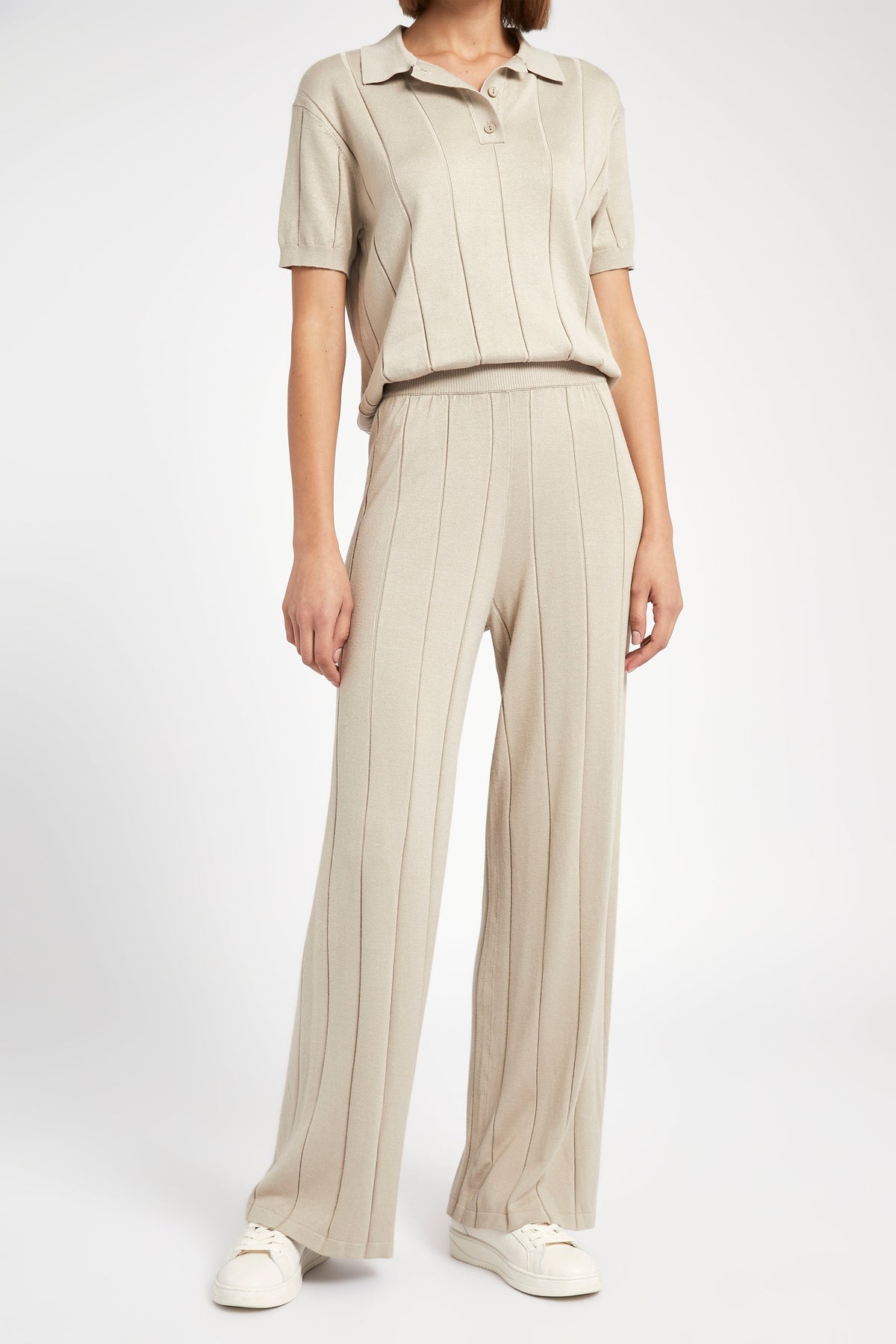 Ribbed Knit Wide Leg Trousers - Stone