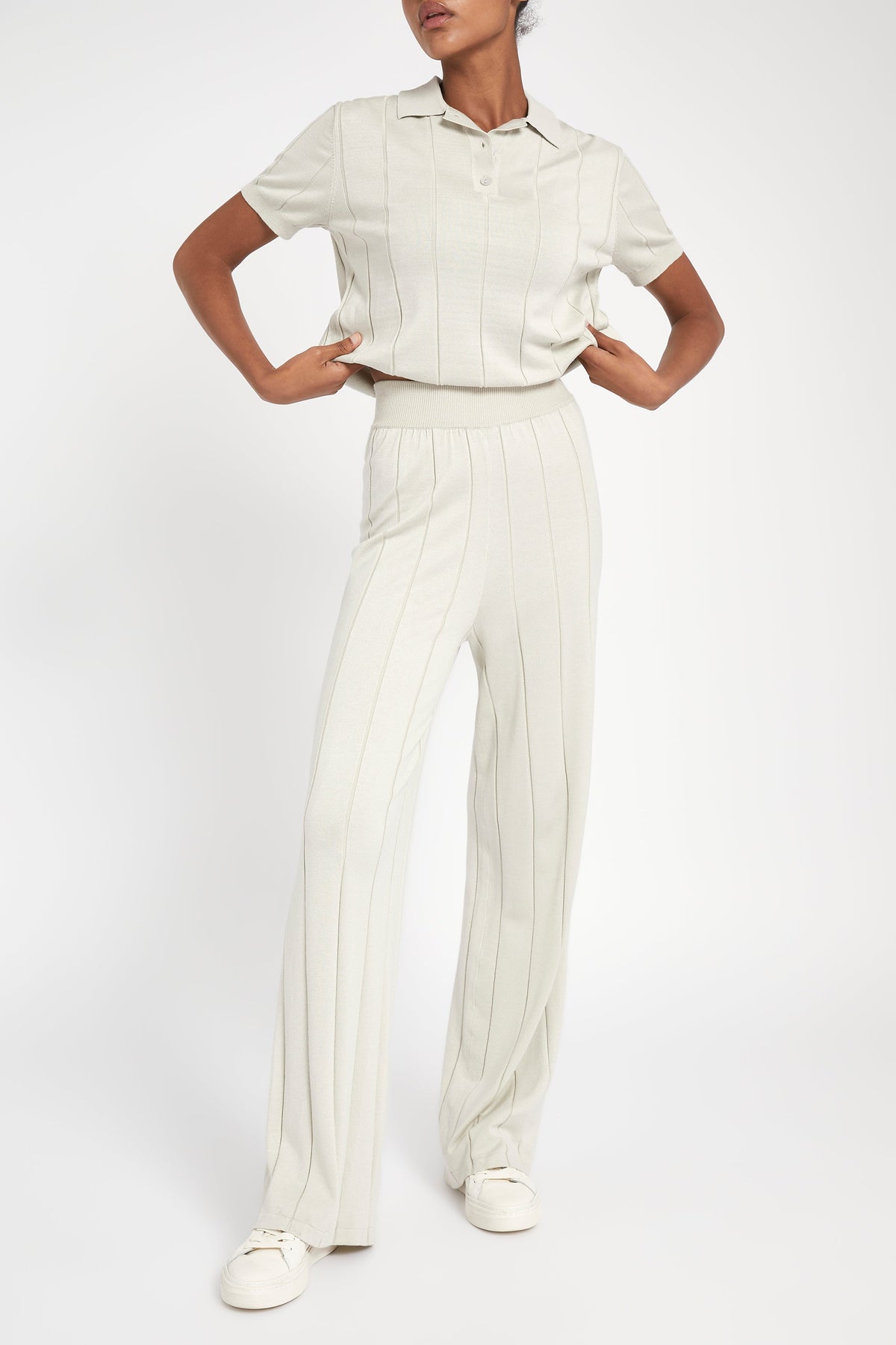 Ribbed Knit Wide Leg Trousers - Oyster