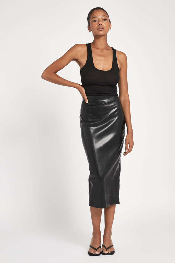 Leather Pencil Midi Skirt - Black