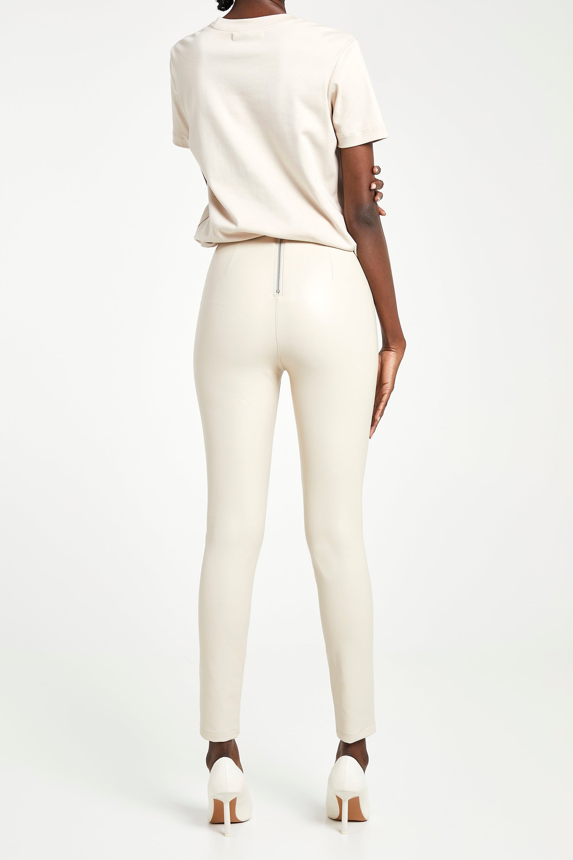 High Waisted Leather Leggings - Cream