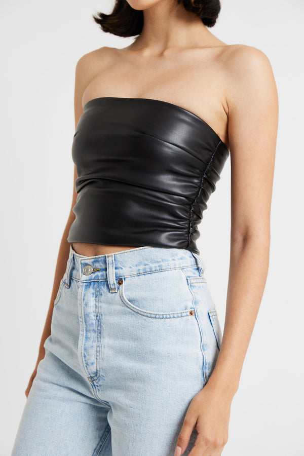 Ruched Leather Strapless Bodice - Black