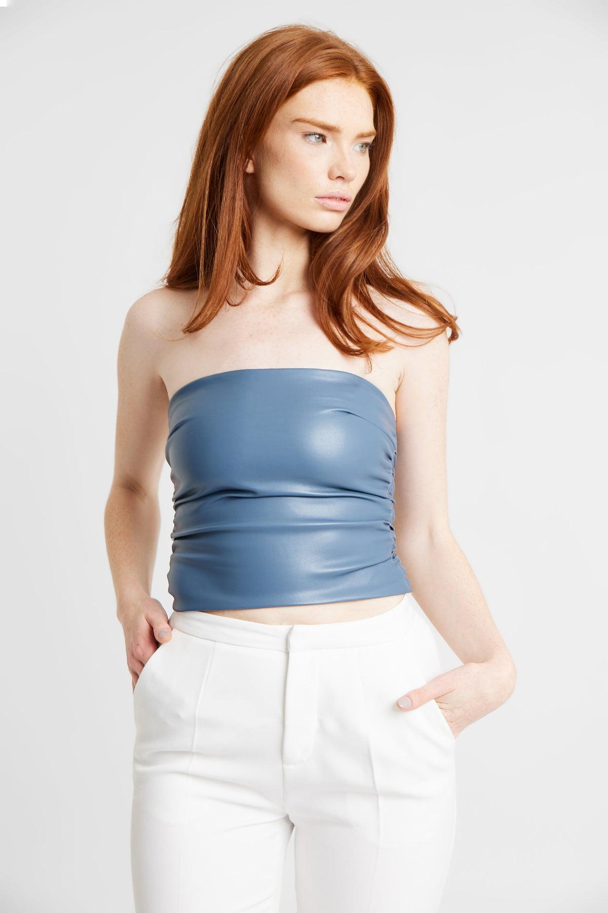 Ruched Leather Strapless Bodice - Petrol Blue