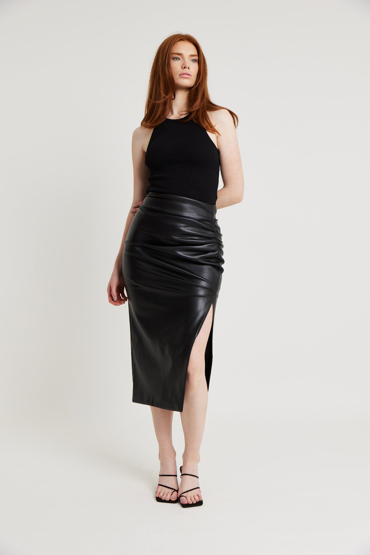 Ruched Leather Midi Skirt - Black