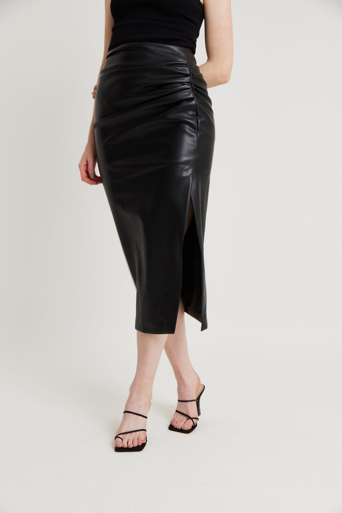 Ruched Leather Midi Skirt - Black
