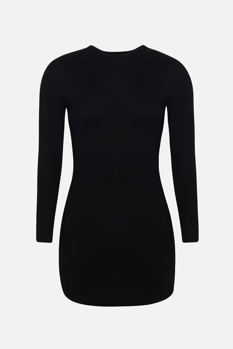 Heavy Ribbed Longsleeve Mini Dress - Black