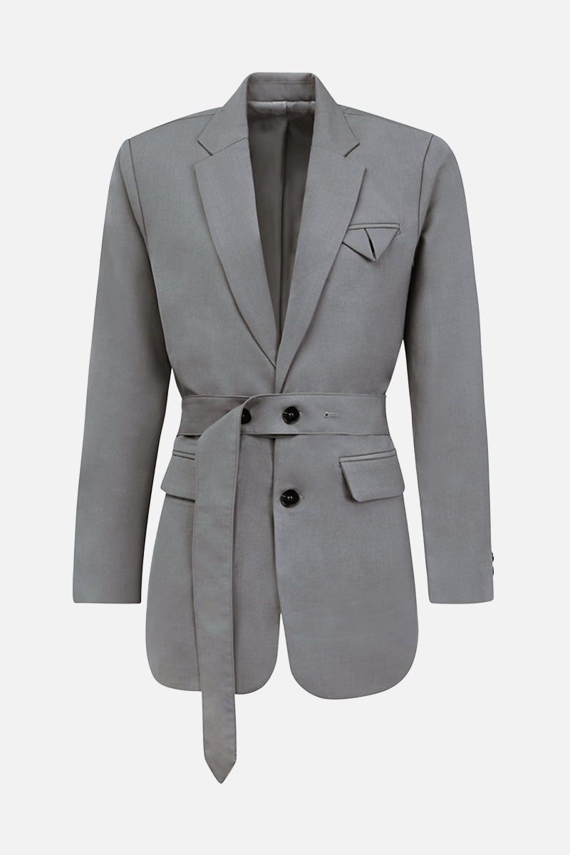 Single Breasted Blazer with Button Belt - Slate