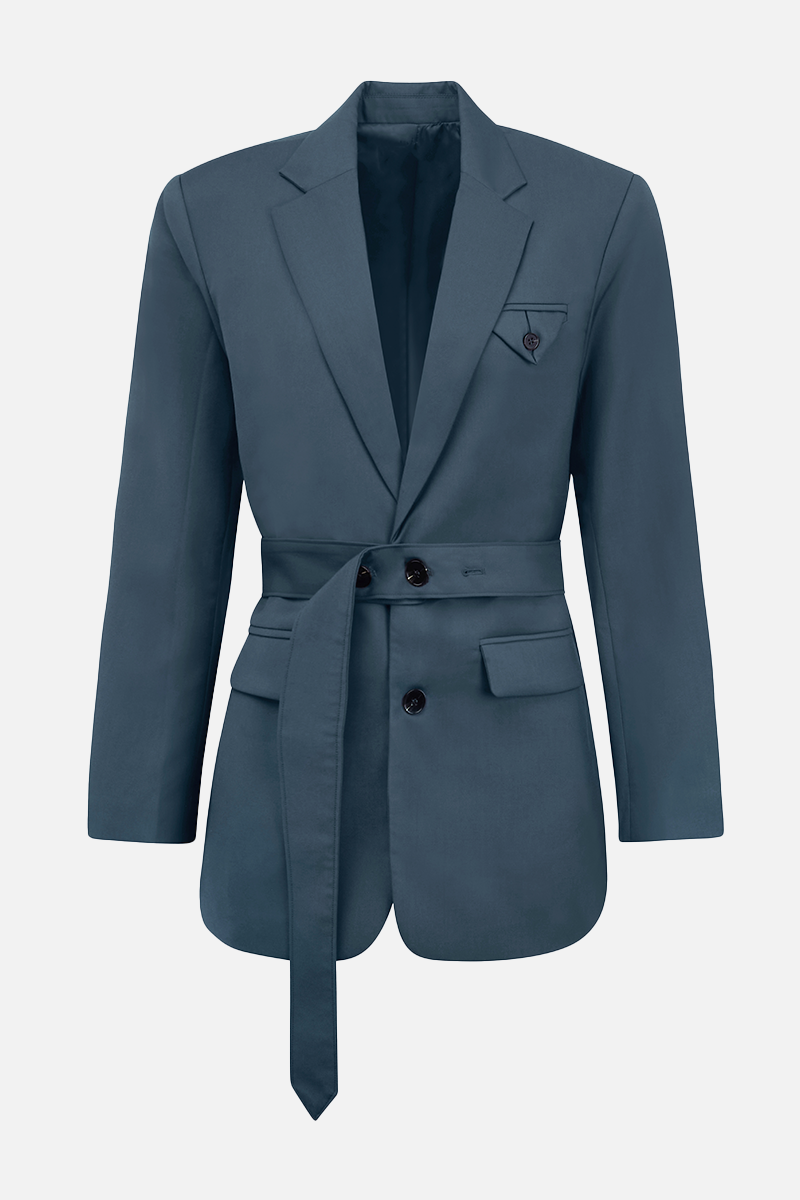 Single Breasted Blazer with Button Belt - Vintage Blue