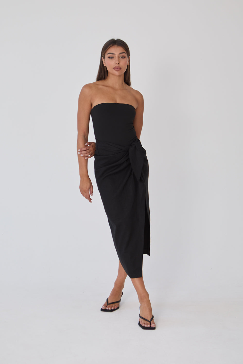 Linen Wrap Midi Skirt - Black